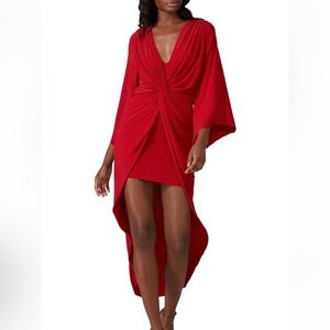 Misa Teget High Low Hem Ruched Twist Front Long Flare Sleeve V-Neck Dress Red S